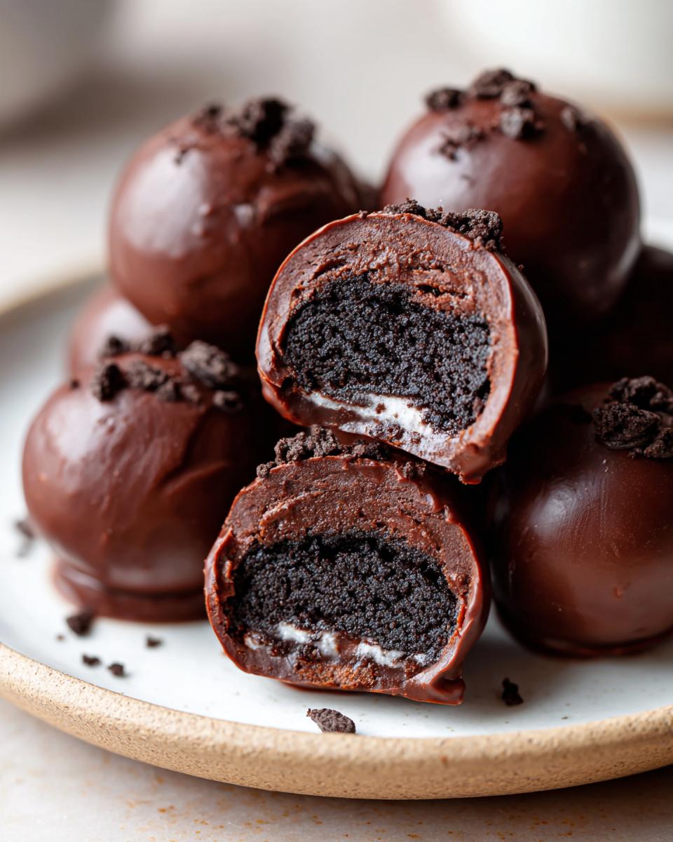 Close-up of chocolate-dipped Oreo balls, one cut in half showing the dark cookie center.