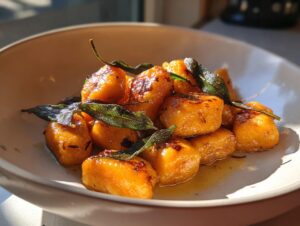 Close-up of golden brown, pan-seared sweet potato gnocchi topped with crispy sage leaves in a light sauce.