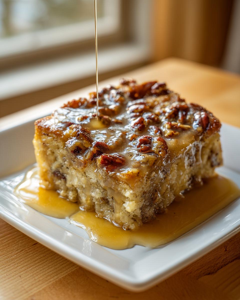 A square slice of pecan pie bread pudding being drizzled with caramel sauce, topped with pecans.