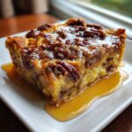 A close-up of a moist slice of pecan pie bread pudding topped with candied pecans and drizzled with caramel sauce.