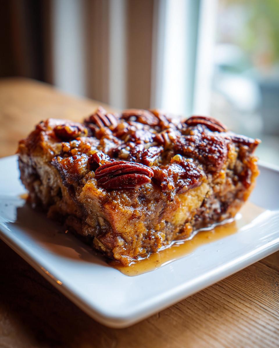 A close-up of a rich, gooey slice of pecan pie bread pudding topped with whole pecans, sitting on a white plate.