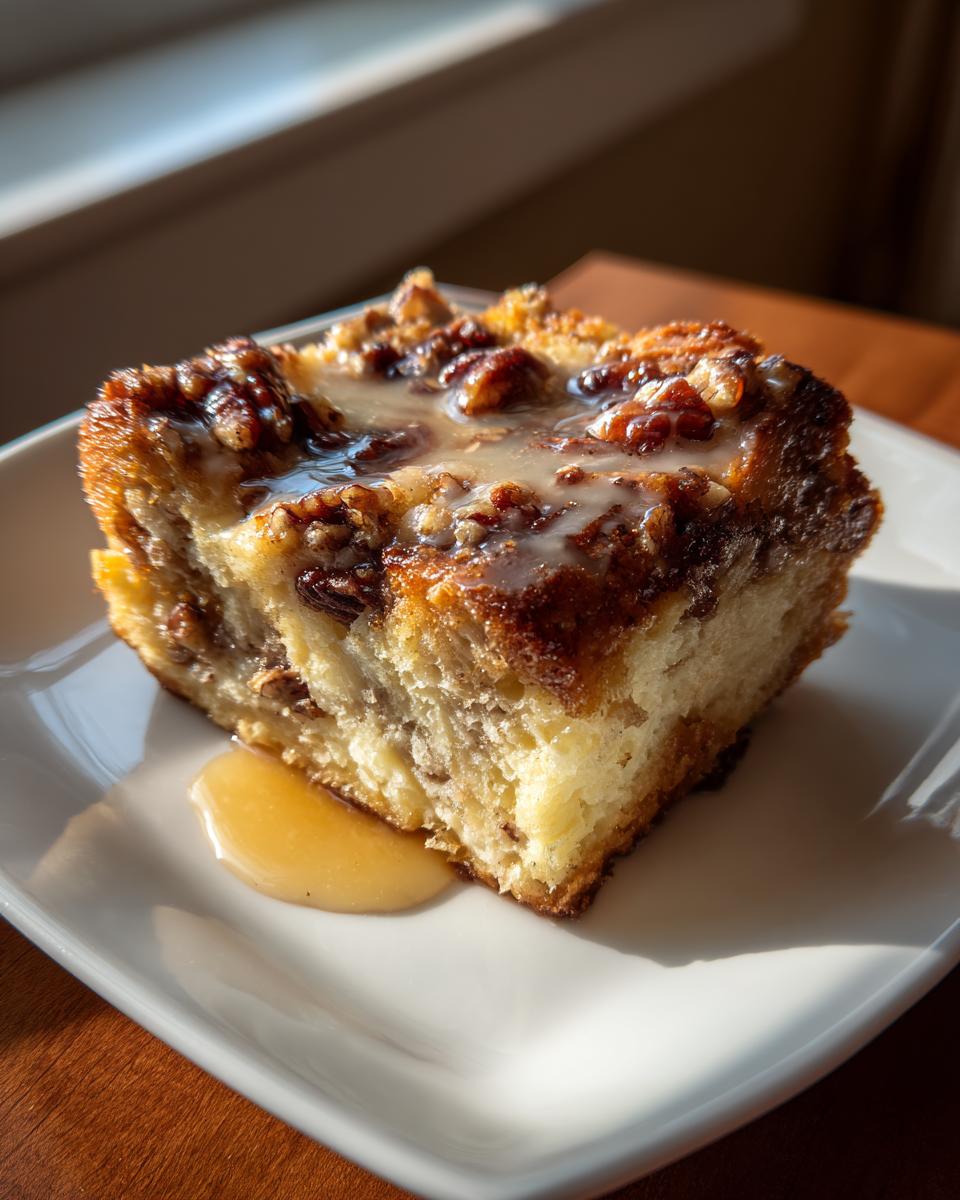 A square slice of pecan pie bread pudding topped with pecans and a sweet glaze, sitting on a white plate.