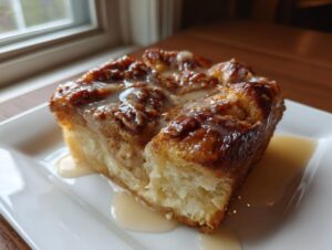 A square slice of pecan pie bread pudding topped with glaze, served on a white plate.