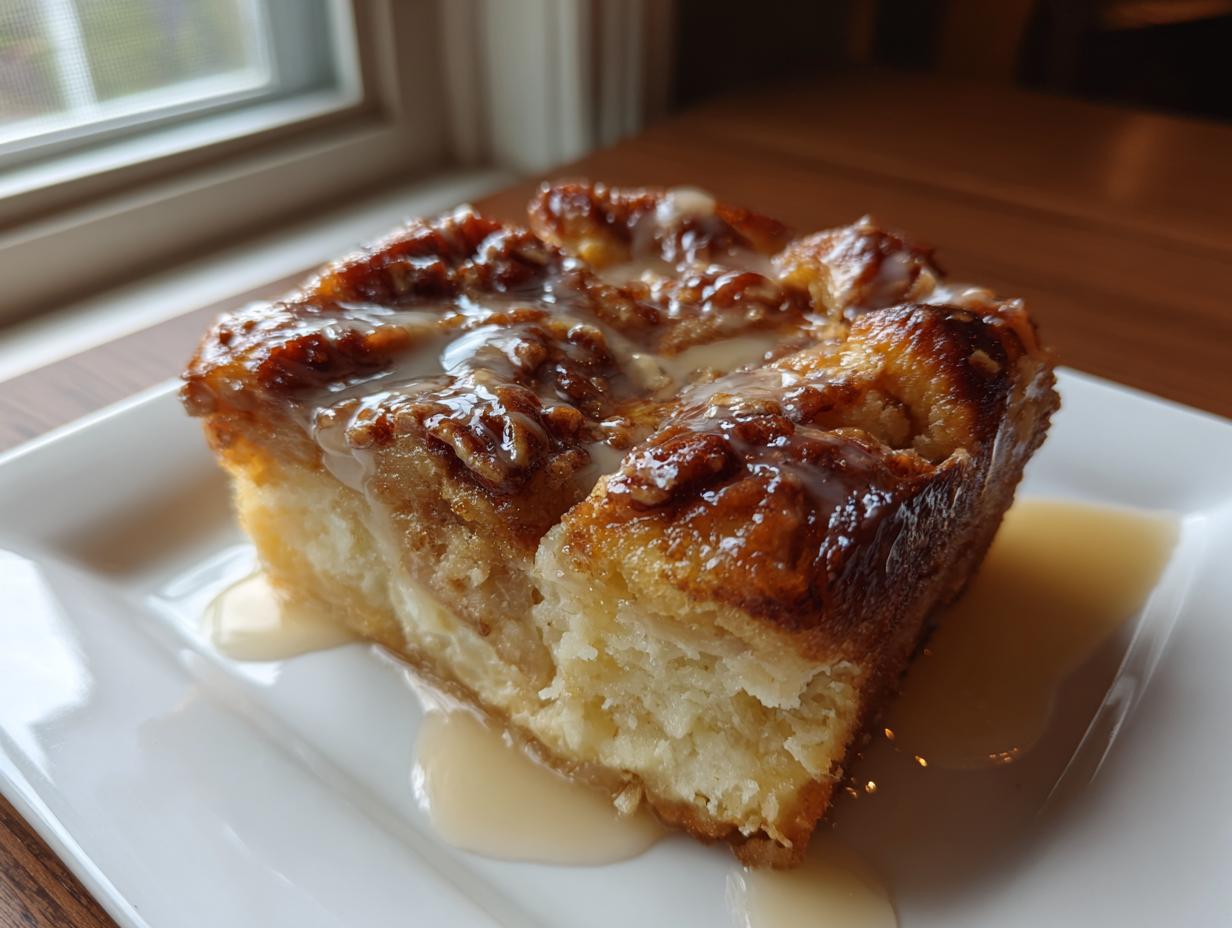 A square slice of pecan pie bread pudding topped with glaze, served on a white plate.