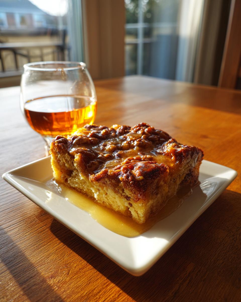 A square slice of pecan pie bread pudding drenched in caramel sauce, served on a white plate next to a glass of amber liquid.
