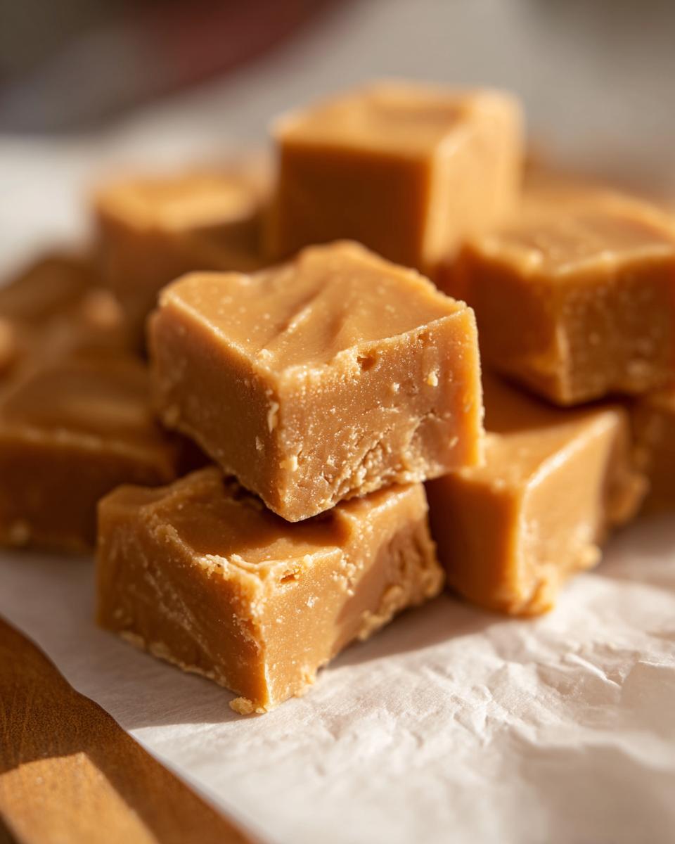 Close-up of several rich, light brown squares of homemade penuche fudge stacked on white parchment paper.
