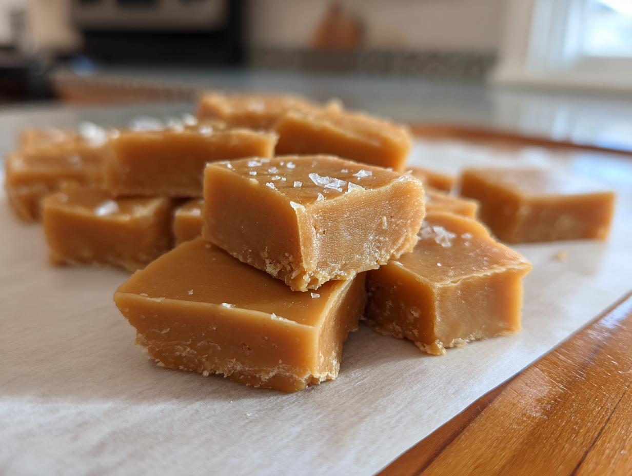 Close-up of soft, square pieces of light brown penuche fudge sprinkled with flaky sea salt.