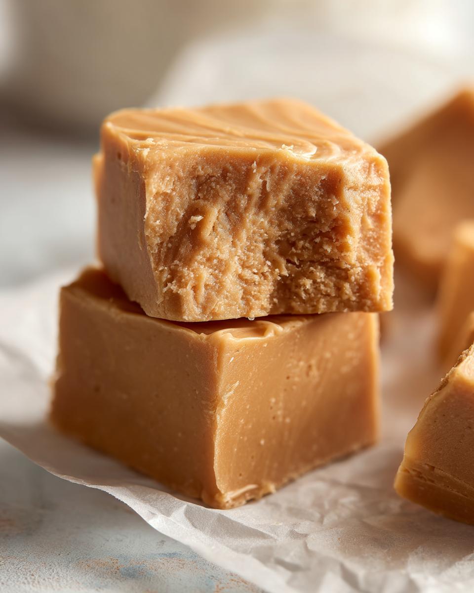 Two stacked squares of creamy, light brown penuche fudge resting on parchment paper.