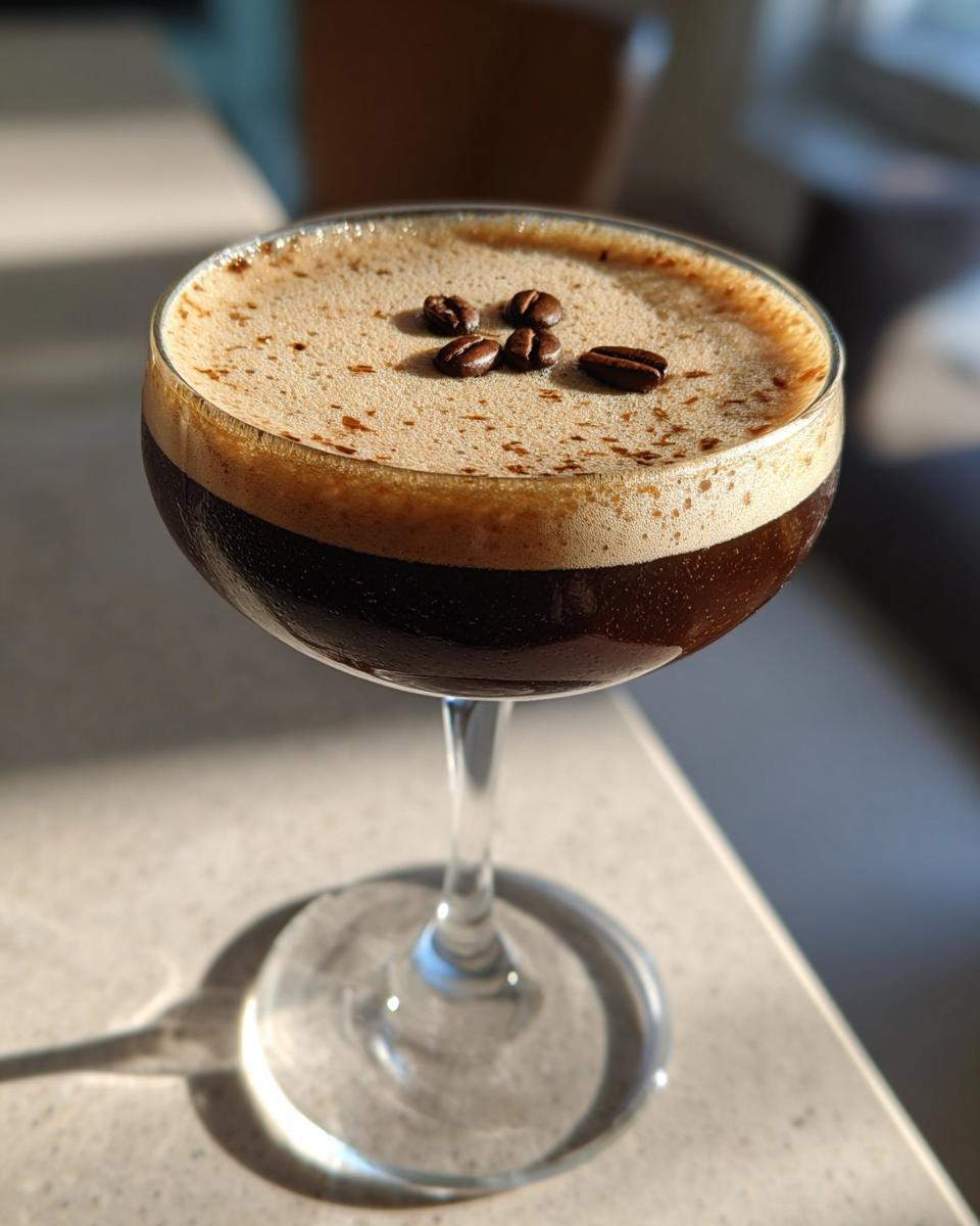 A rich, dark peppermint espresso martini in a coupe glass, topped with foam and three coffee beans.
