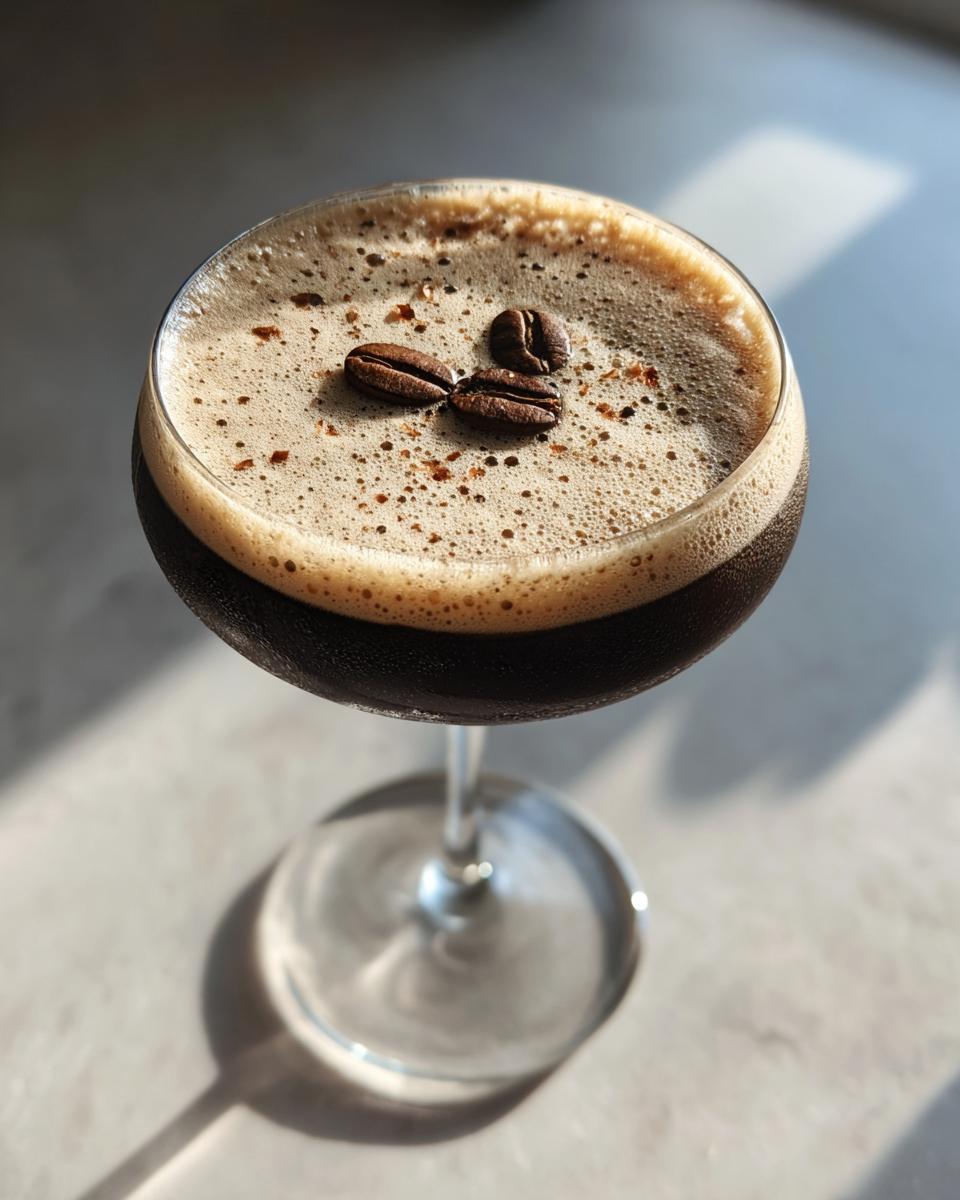 Close-up of a rich, dark peppermint espresso martini topped with thick foam and three coffee beans.