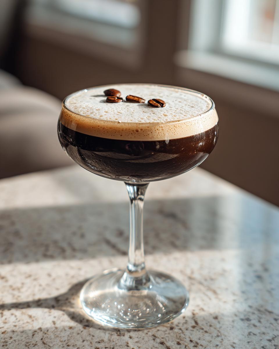 A dark, foamy peppermint espresso martini garnished with three coffee beans in a coupe glass.