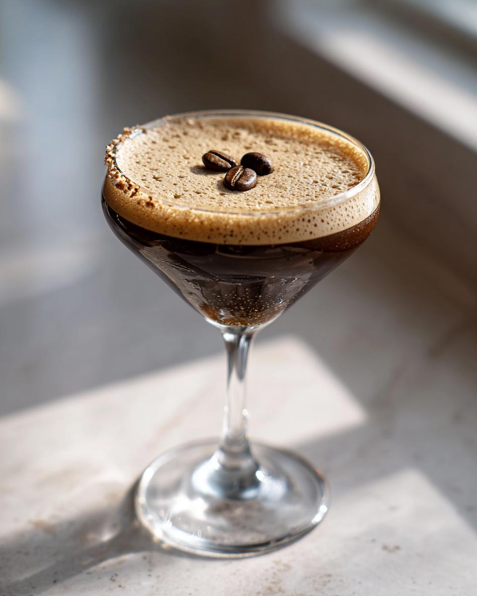 A finished peppermint espresso martini in a coupe glass, topped with foam and three coffee beans.
