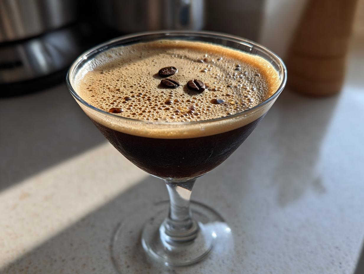 A close-up of a finished peppermint espresso martini in a coupe glass, topped with rich foam and three coffee beans.