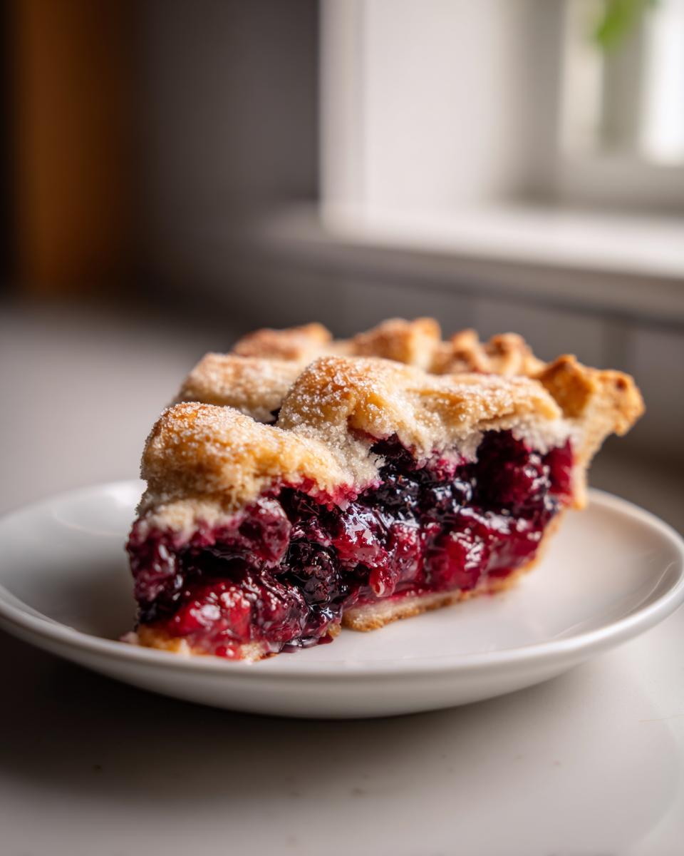 A close-up of one perfect slice of triple berry pie showing juicy filling and a sugared lattice crust.