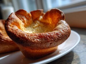 Close-up of a beautifully risen, golden-brown Yorkshire pudding with crispy edges.