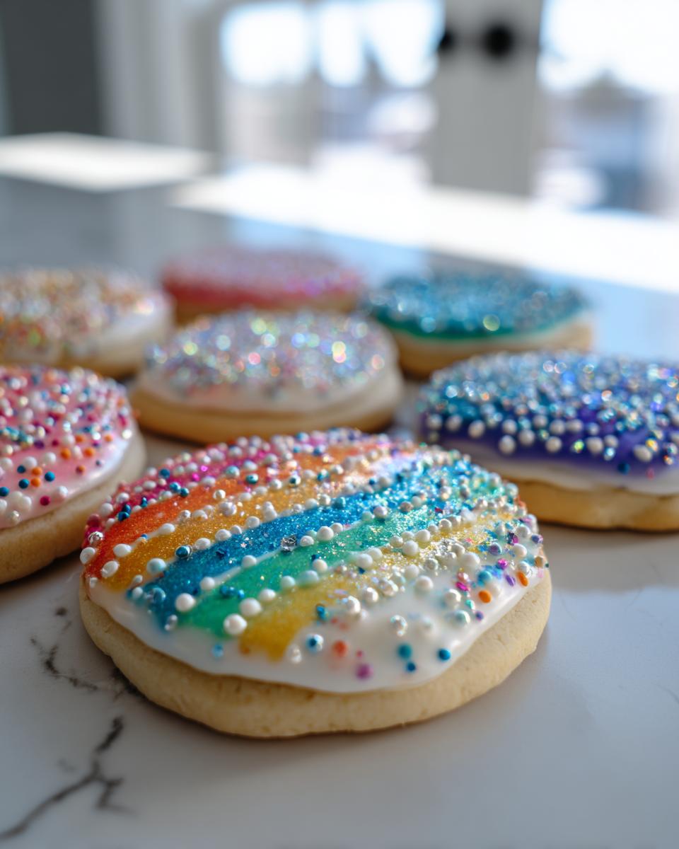 Close-up of a sugar cookie decorated with rainbow stripes of sparkling sugar and white dots, showcasing the smooth sugar cookie icing that hardens.