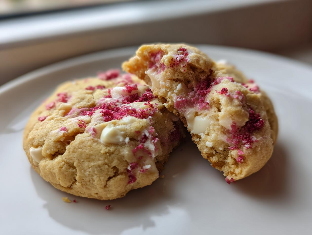 A close-up of a soft raspberry cheesecake cookies, broken in half to show the white chocolate chunks and pink raspberry crumble inside.