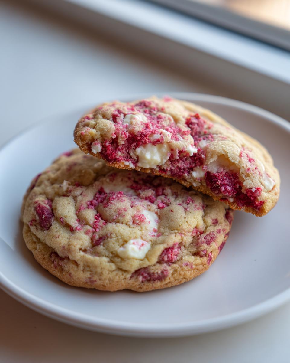 Two soft raspberry cheesecake cookies on a white plate, one broken in half showing the gooey interior with white chocolate chunks.