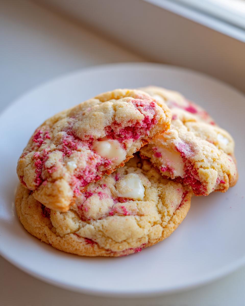 Close-up of soft raspberry cheesecake cookies, one broken open showing white chocolate chips and pink raspberry filling.