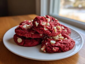 A stack of vibrant red velvet cake mix cookies studded with white chocolate chips, resting on a white plate.
