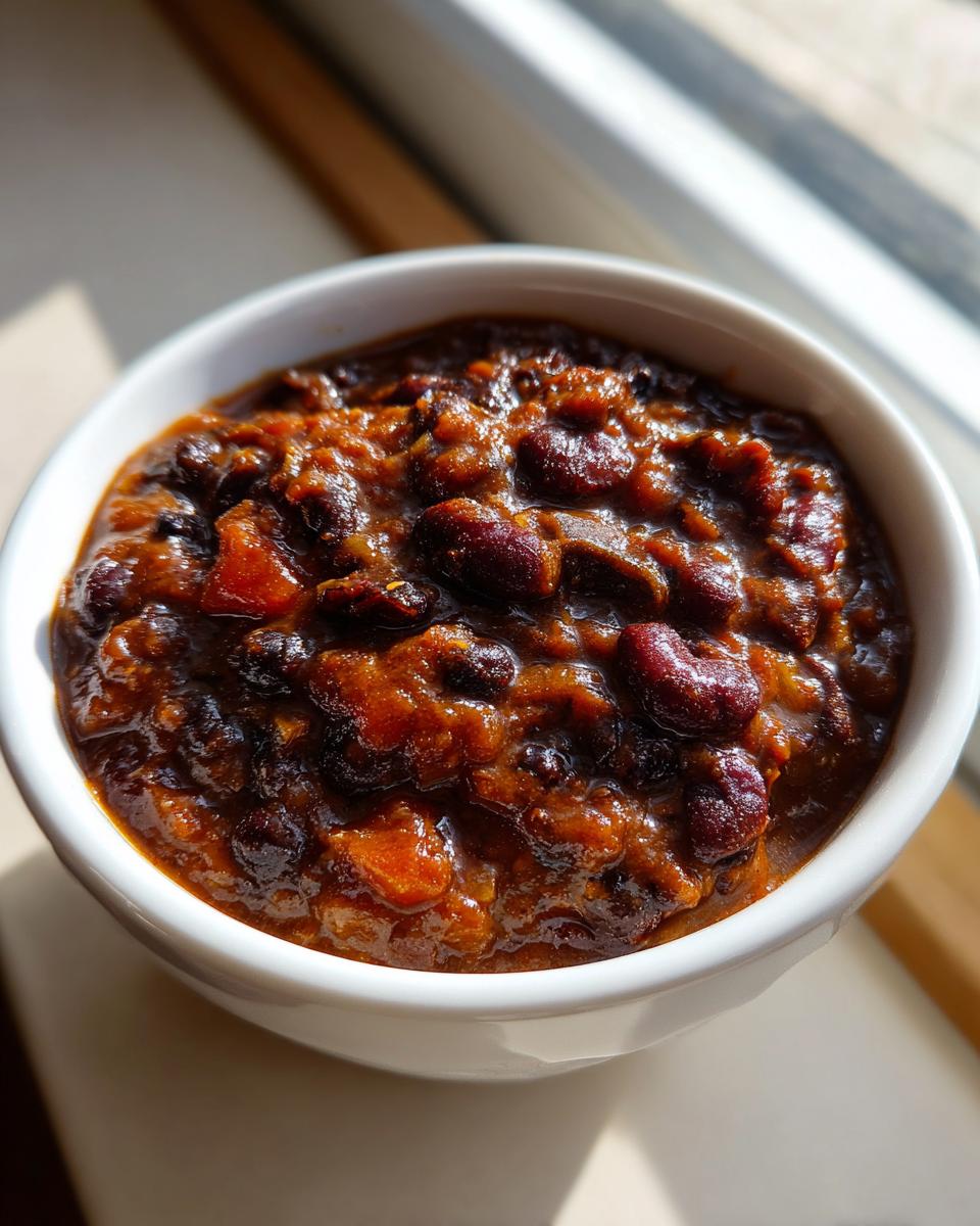Close-up of a small white bowl filled with thick, rich black bean chili, bathed in natural sunlight.
