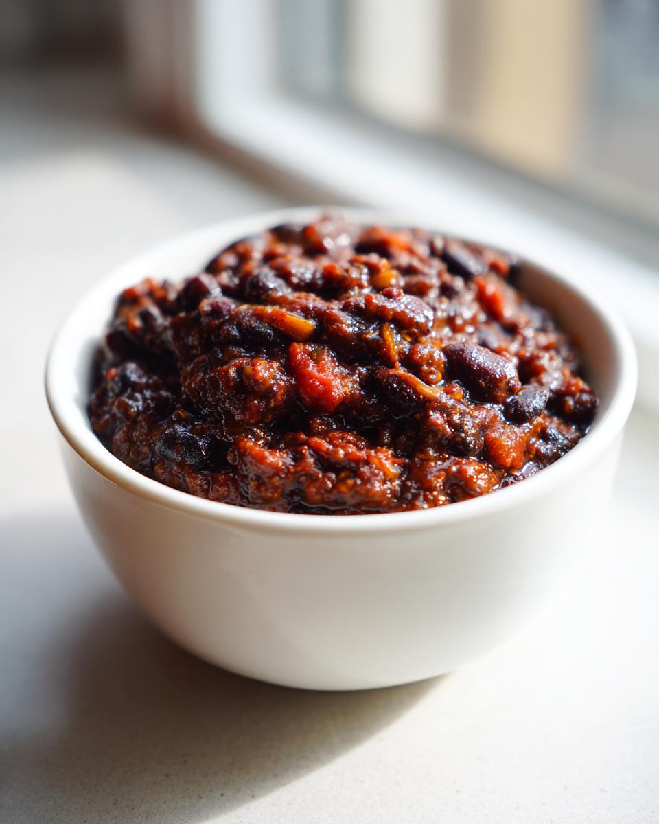 A close-up of rich, dark black bean chili served in a small white bowl, illuminated by natural light.