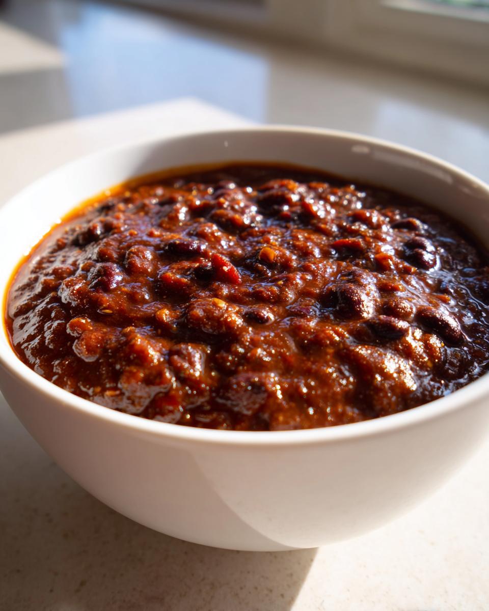 A close-up of rich, dark red black bean chili served in a white bowl, glistening under natural light.