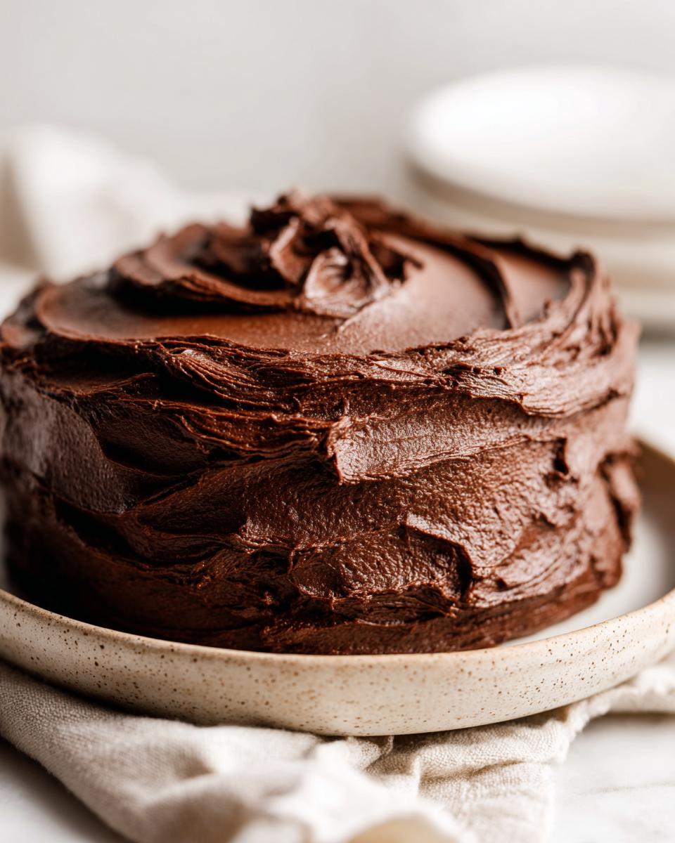 A small layer cake generously covered in thick, dark, homemade chocolate frosting with textured swirls.