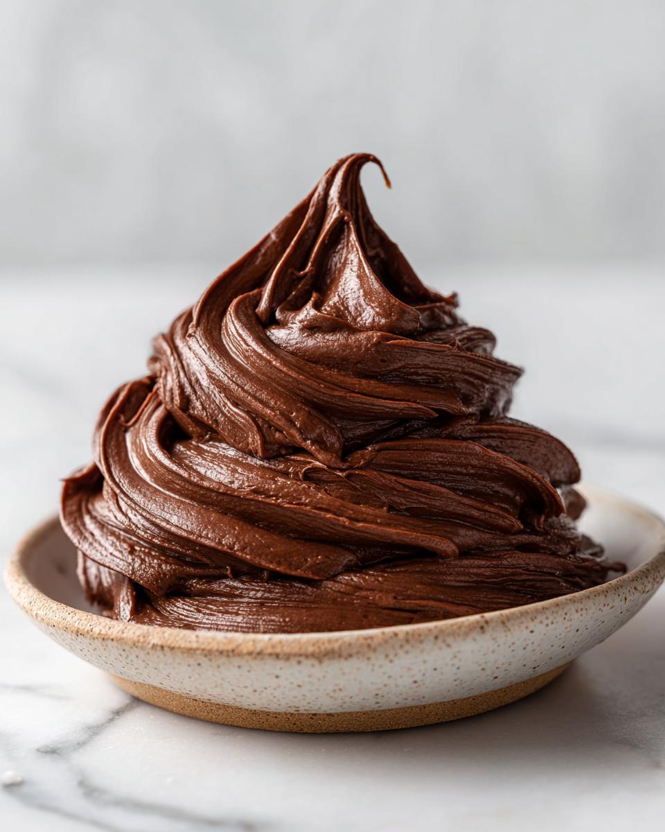 A beautiful, high swirl of rich, dark chocolate frosting displayed in a small, speckled ceramic bowl.