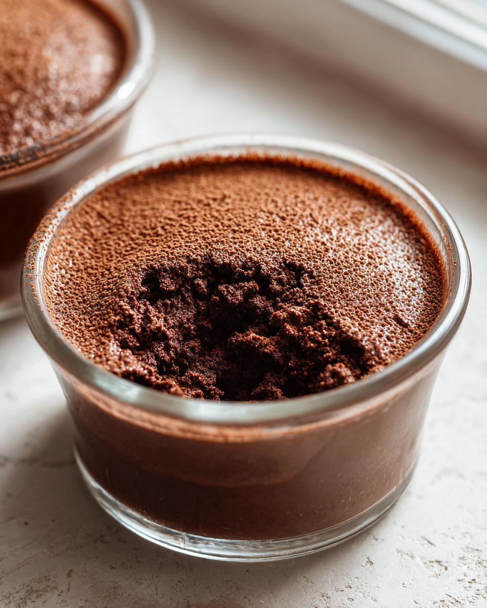 A close-up of rich chocolate mousse in a small glass dish, dusted heavily with cocoa powder, showing a scooped portion.
