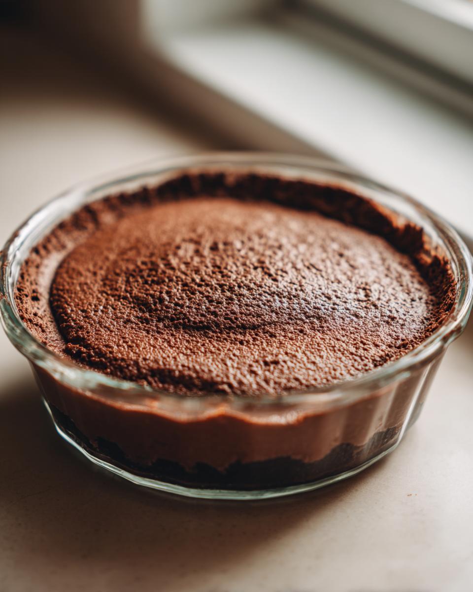 A close-up of rich, dark chocolate mousse topped with cocoa powder in a clear glass dish.