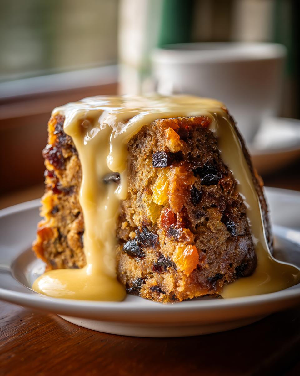 Close-up of a slice of rich plum pudding generously covered in creamy custard sauce.