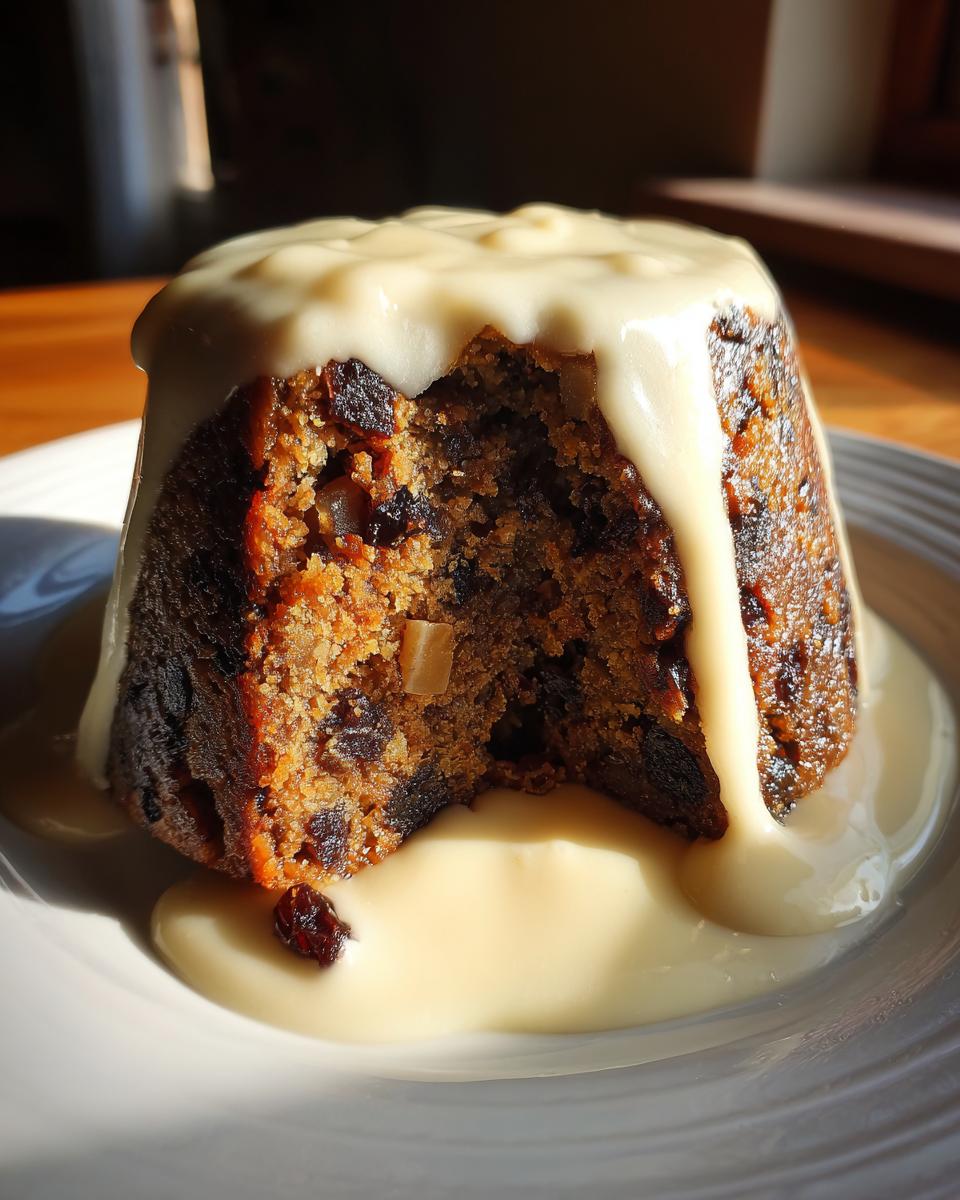 A close-up of a moist plum pudding with a bite taken out, generously covered in thick, creamy custard.