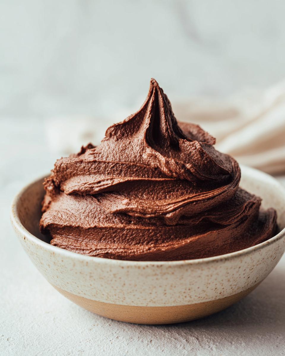 A close-up of rich, dark chocolate frosting swirled high in a speckled ceramic bowl.