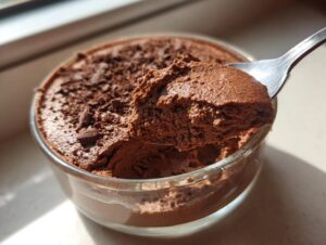 A spoonful of airy, rich chocolate mousse being lifted from a glass dish, topped with chocolate shavings.