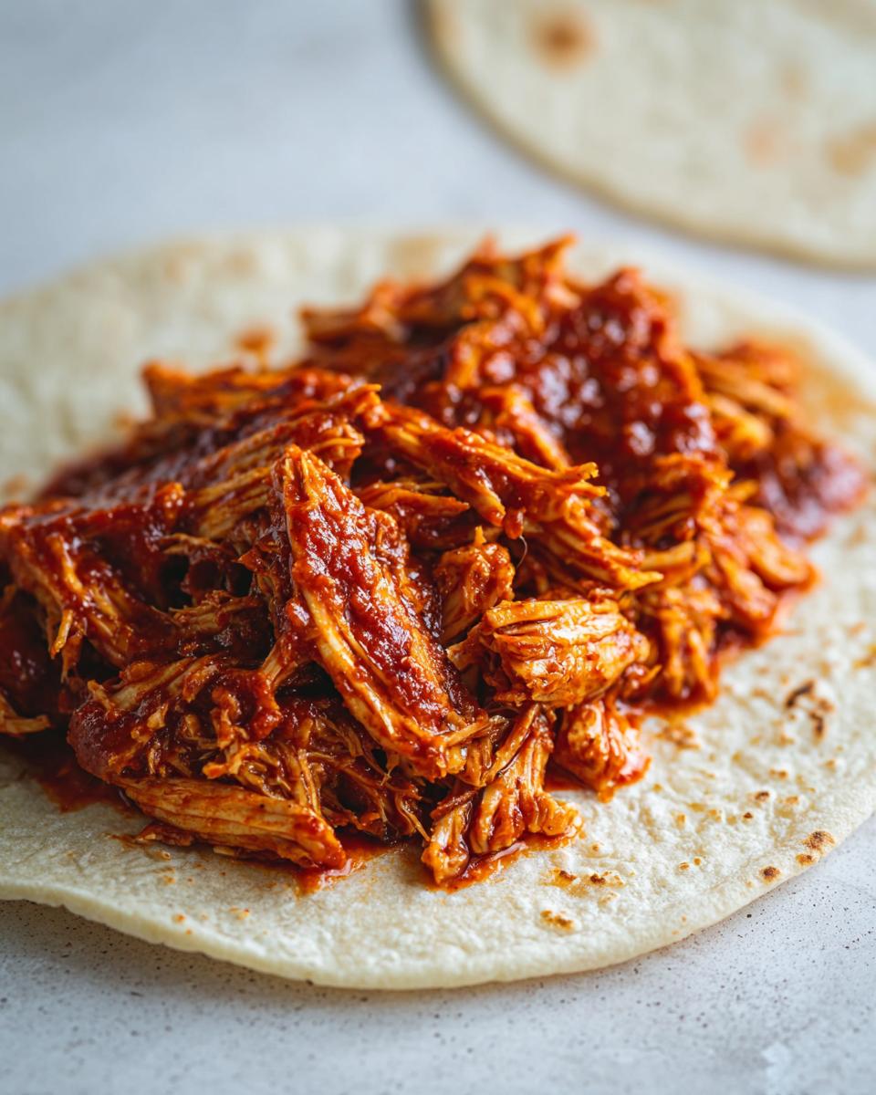 Close-up of shredded chicken tinga filling in a rich red sauce piled onto a soft flour tortilla.