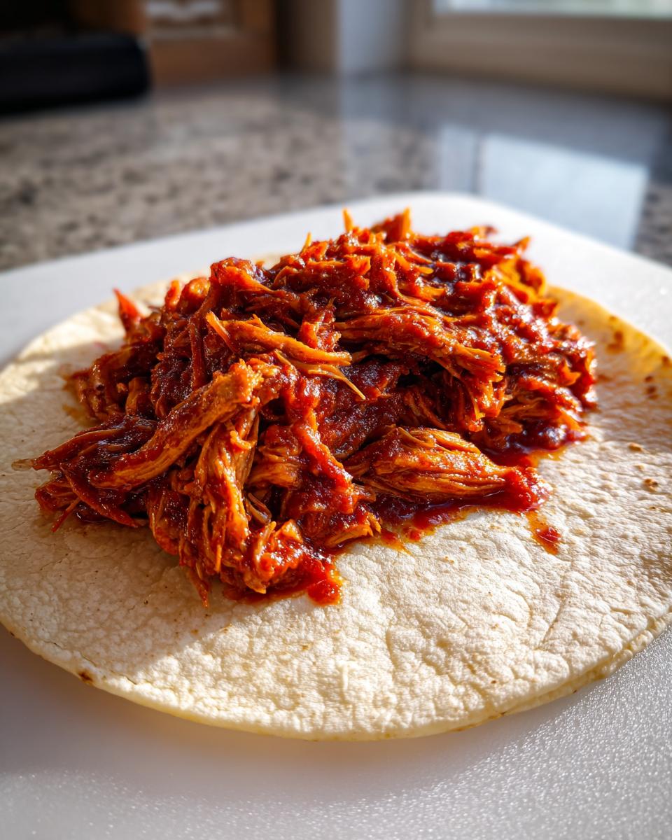 Close-up of shredded chicken tinga filling piled onto a soft flour tortilla.