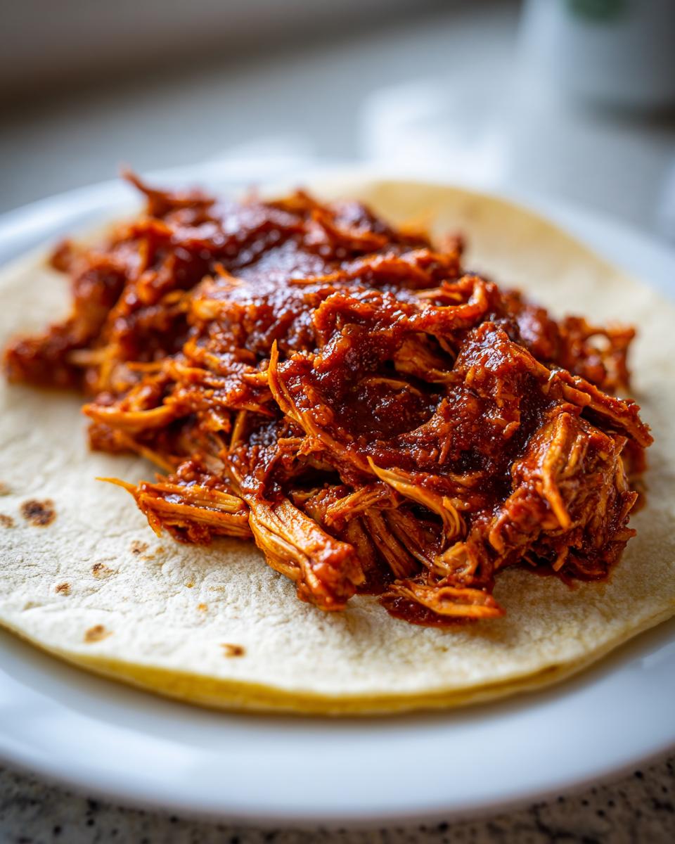 Close-up of shredded chicken tinga in rich red sauce piled onto a soft corn tortilla.