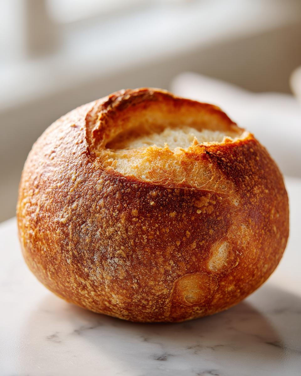 Close-up of a single, round, crusty bread bowl with a golden-brown exterior, ready to be filled.