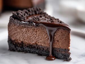A decadent slice of chocolate cheesecake topped with rich chocolate ganache and cookie crumbles.