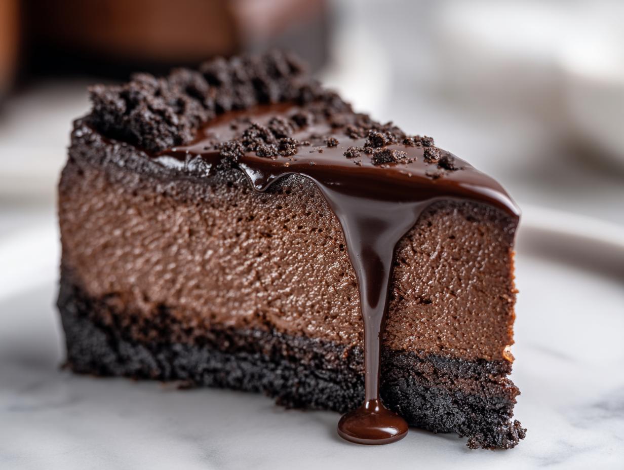 A decadent slice of chocolate cheesecake topped with rich chocolate ganache and cookie crumbles.