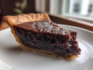A close-up of a decadent slice of chocolate chess pie resting on a white plate.
