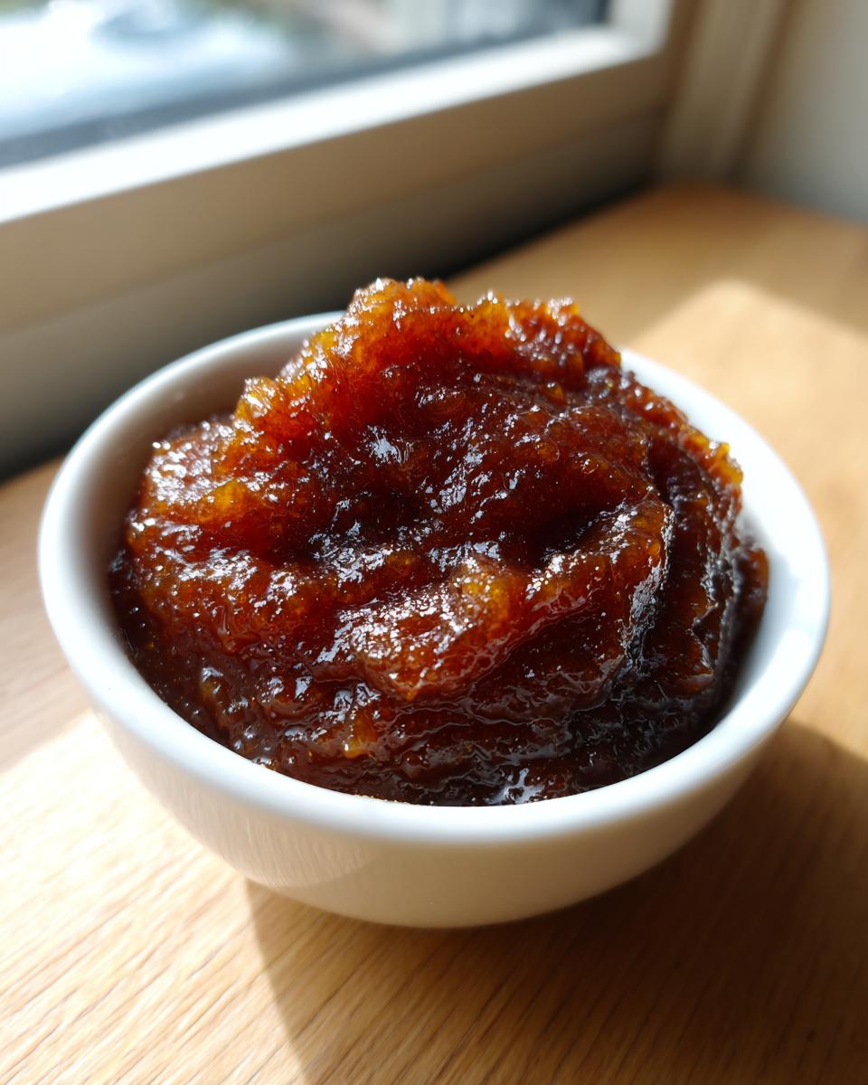 A close-up of thick, dark brown homemade pear butter served in a small white bowl on a wooden surface.