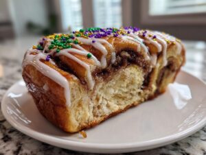 Close-up of a soft, cinnamon swirl king cake slice topped with white icing and Mardi Gras sprinkles.