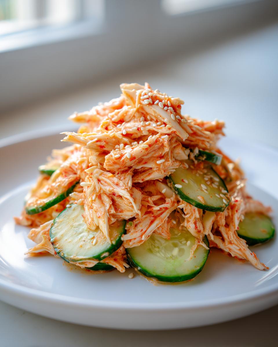A mound of spicy, shredded kani salad mixed with cucumber slices and topped with sesame seeds.