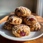 A stack of freshly baked cranberry orange cookies drizzled with white icing, resting on a white plate.