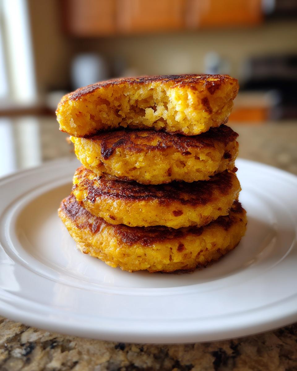 A stack of four golden brown fried cornbread patties, with the top one broken open to show the texture.