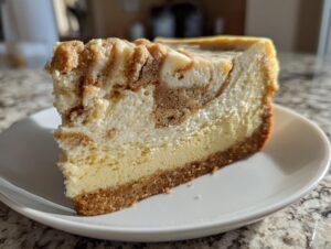 A close-up of a slice of sugar cookie cheesecake showing a thick crust and a creamy, swirled filling.