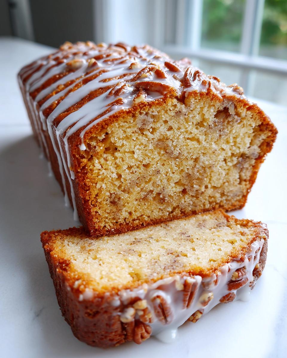 A loaf of sweet Alabama pecan bread, partially sliced, drizzled with white icing and topped with pecans.