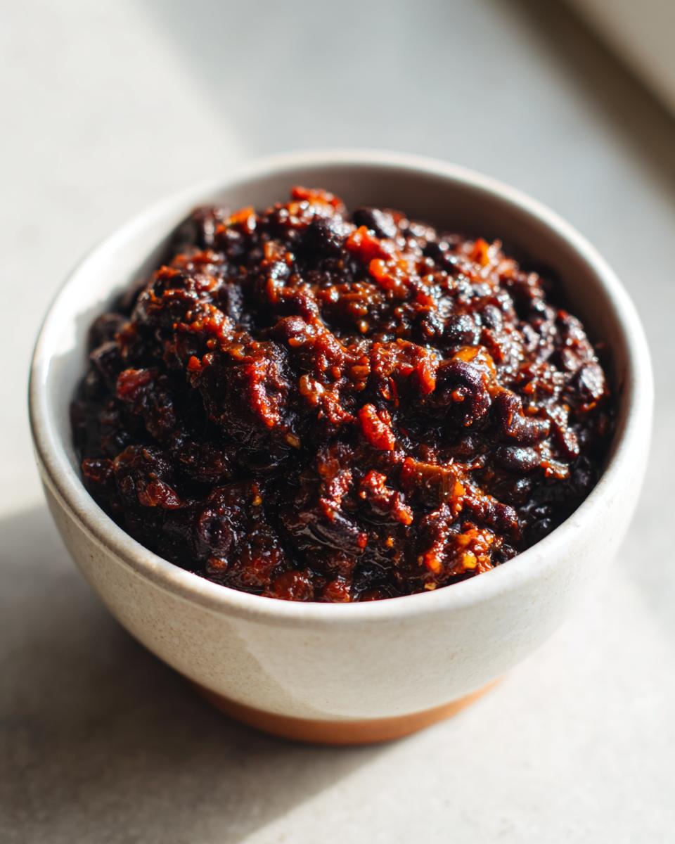 Close-up of thick, dark red black bean chili paste served in a small ceramic bowl, catching the sunlight.